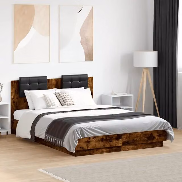 Giroletto con Testiera-Struttura Letto con testiera Rovere Fumo 120x190 cm Legno Multistrato 646251