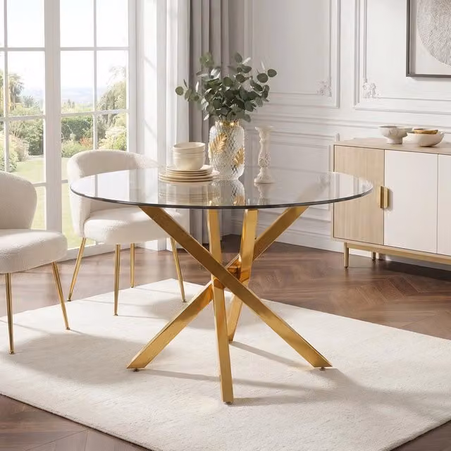 Tavolo rotondo Minimal in vetro temperato trasparente con gambe in metallo oro, stile moderno, L: 80 cm, P: 80 cm, H: 75 cm