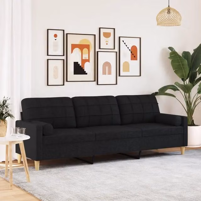 Divano a 3 posti moderno vidaXL in tessuto nero con cuscini e coperture rimovibili L: 226 cm, P: 80 cm, H: 77 cm – 1