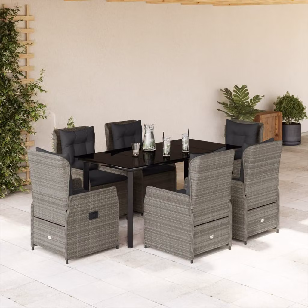 vidaXL Set da Pranzo da Giardino 7 pz in Polyrattan e Vetro Grigio e Nero – 1
