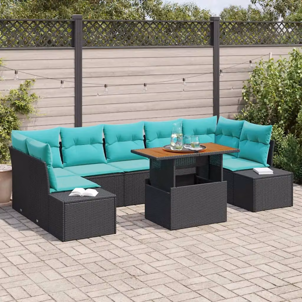 Set Divano da Giardino Moderno vidaXL 8 pz in Rattan Polimerico Nero e Turchese