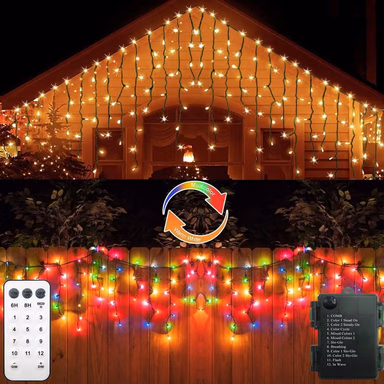 Catena luminosa a LED a forma di ghiacciolo, lunghezza 3 metri, 102 LED, cambio colore, con telecomando, grado di protezione IP54