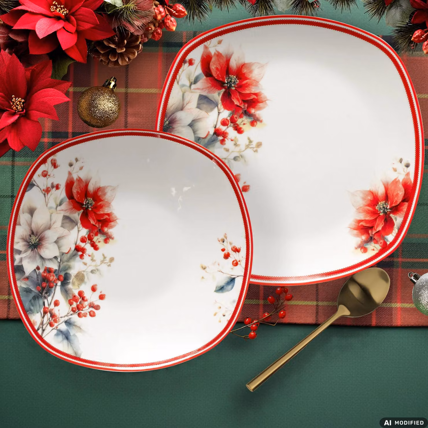 Servizio di piatti Natalizio Winter Bloom GUSTO CASA in Porcellana, 18 pezzi, decoro floreale rosso e bianco – 2