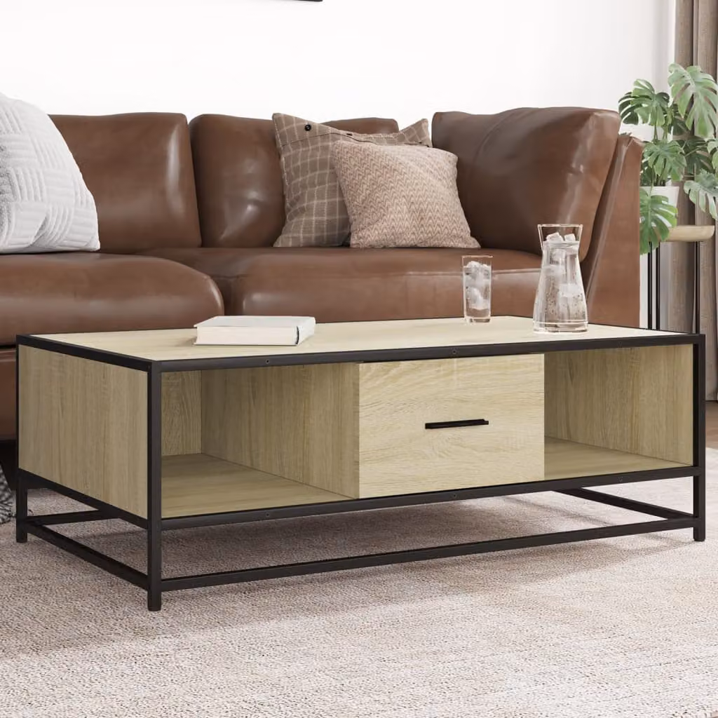 Tavolino da soggiorno vidaXL in stile industriale, Rovere Sonoma e Metallo, L: 100 cm, P: 57 cm, H: 35 cm