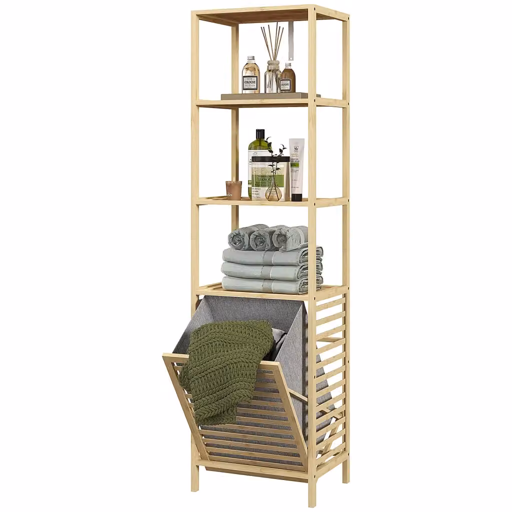 Scaffale da bagno in bambù XYLO con 3 ripiani e cesto portabiancheria removibile, stile scandinavo, marrone e beige, L: 44 cm, P: 33 cm, H: 160 cm – 2