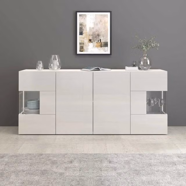 WHOUS Credenza Egypt a 4 ante con inserti in vetro espositivi bianco lucido 180x40x80 cm