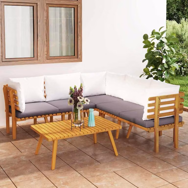 vidaXL Set Divani da Giardino 6 pz in Legno di Acacia con Cuscini, Composizione a L con Tavolino, Colore Marrone, Grigio e Bianco