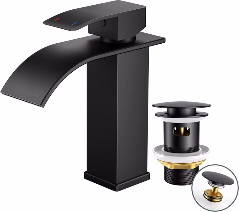 Miscelatore monocomando per lavabo, colore nero, completo di gruppo di scarico, altezza 110 mm, a risparmio idrico ed energetico, adatto per