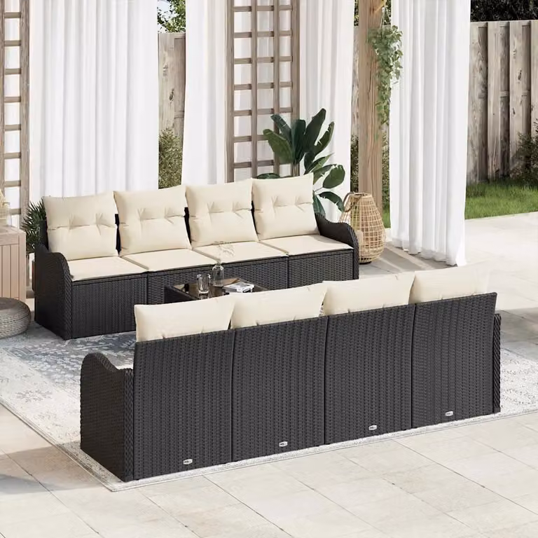 Set Divano da Giardino Moderno vidaXL con Tavolino e Cuscini Neri in Rattan e Acciaio, L/P/H: 55 x 55 x 37 cm