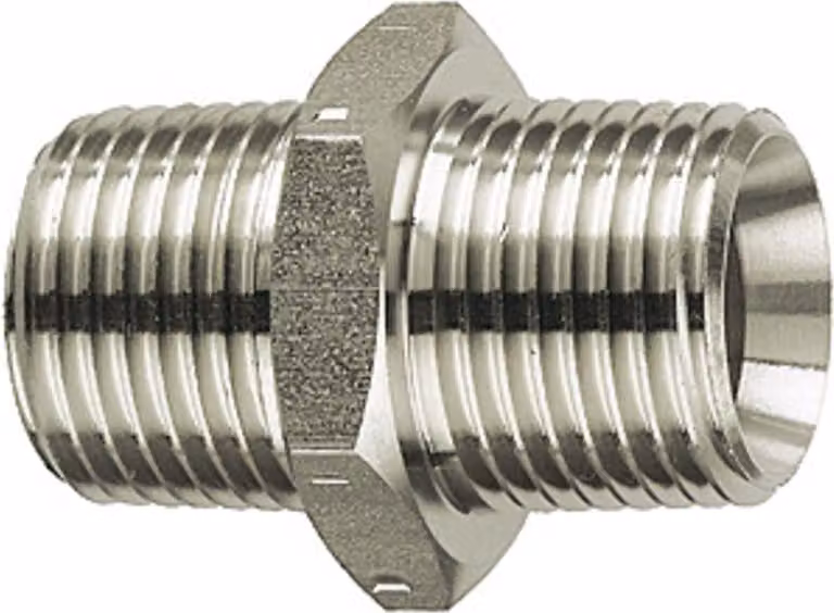 Nipplo doppio filettato Riegler, R 3/4 a., R 3/4 a., SW 32, acciaio inox 1.4571