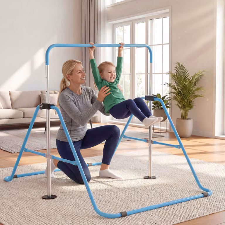 Barra ginnastica pieghevole Costway per bambini con base antiscivolo e altezza regolabile, barra orizzontale blu