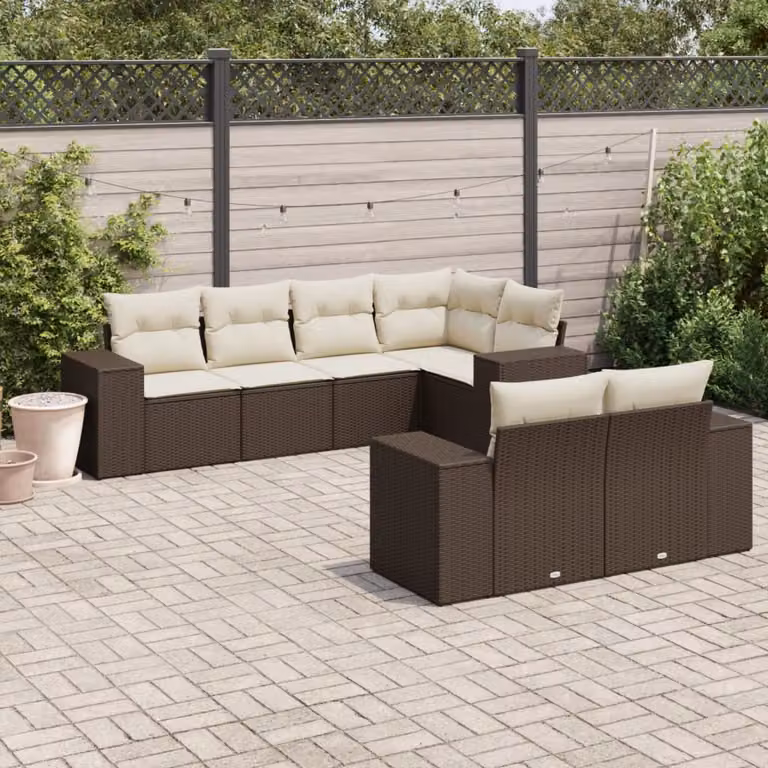 Set di Divani da Giardino vidaXL 7 pz a Forma a L con Cuscini Marrone e Bianco in Polyrattan e Acciaio