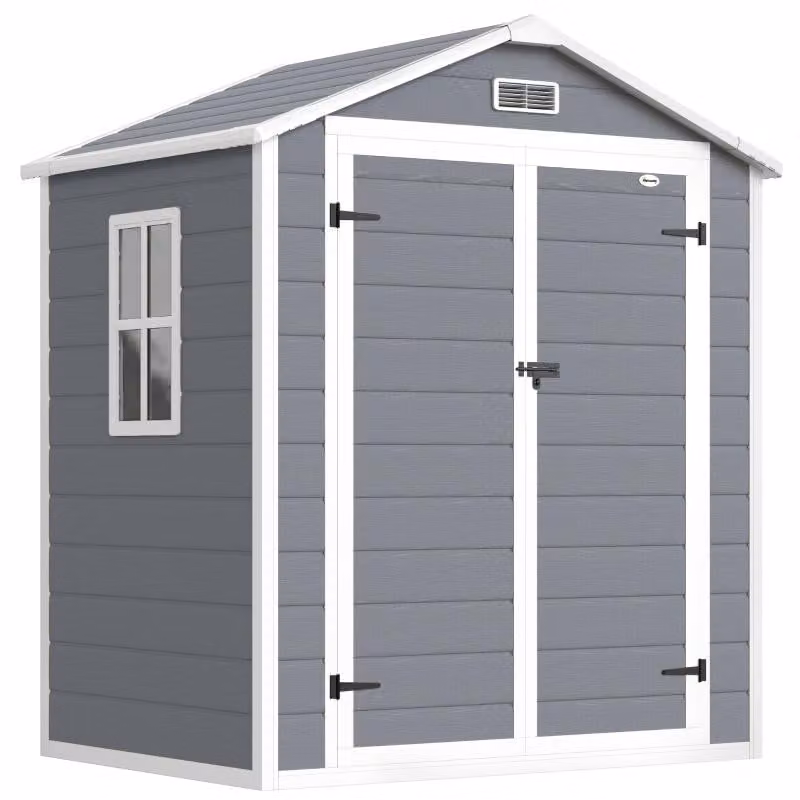 Capanno da giardino Moonbite, dimensioni 183 x 134 x 210 cm, con porta doppia, chiudibile a chiave, dotato di prese d'aria e finestra, resistente agli agenti atmosferici, realizzato in alluminio e plastica, colore grigio
