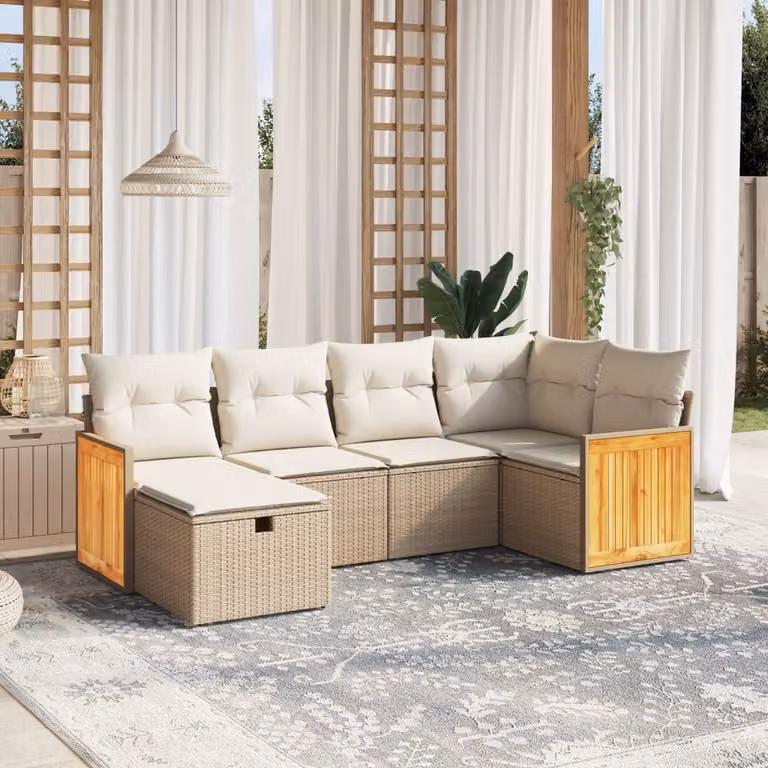 vidaXL Set Divano da Giardino a L 6 pz con Cuscini Beige e Struttura in Metallo e Polyrattan