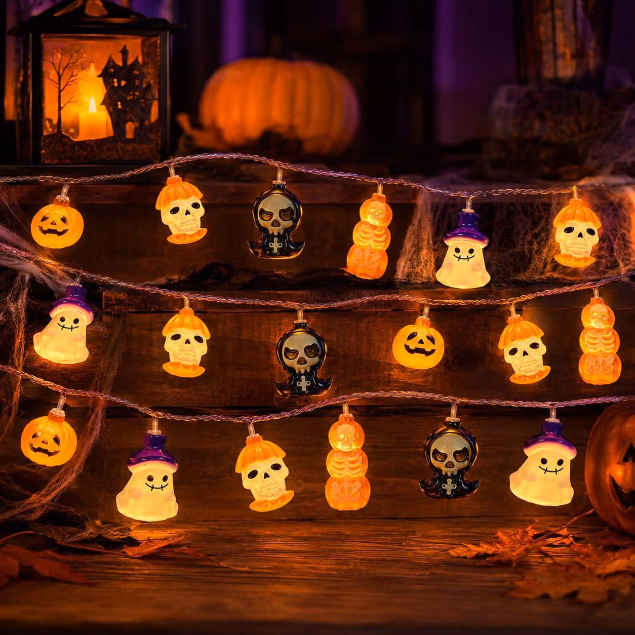 Catena luminosa a tema Halloween, 3 metri, 20 LED, con motivi di zucca, fantasma e teschio, luce bianco caldo