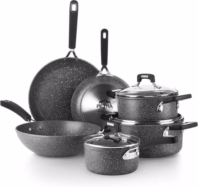 Set di pentole e padelle Kasanova New Petra Dark da 9 pezzi con rivestimento antiaderente, ideale per induzione, colore grigio