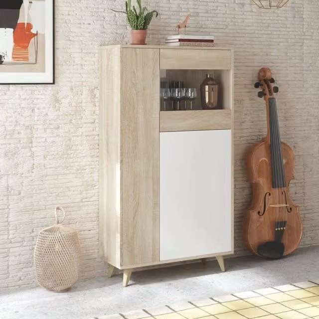 Vetrina Altavista DMORA moderna con 3 ante in vetro e ripiani interni, Credenza da soggiorno in Rovere e Bianco, L: 77 cm, P: 33 cm, H: 142 cm
