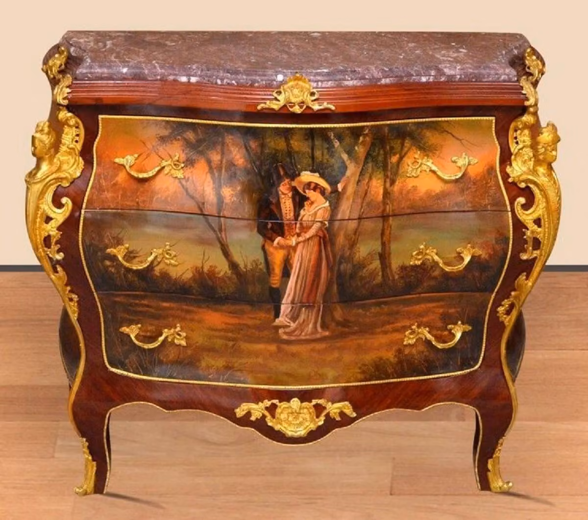 Casa Padrino Cassettone barocco marrone / oro / rosso - Cassettone artigianale in legno massiccio con 3 cassetti e piano in marmo - Mobili barocchi