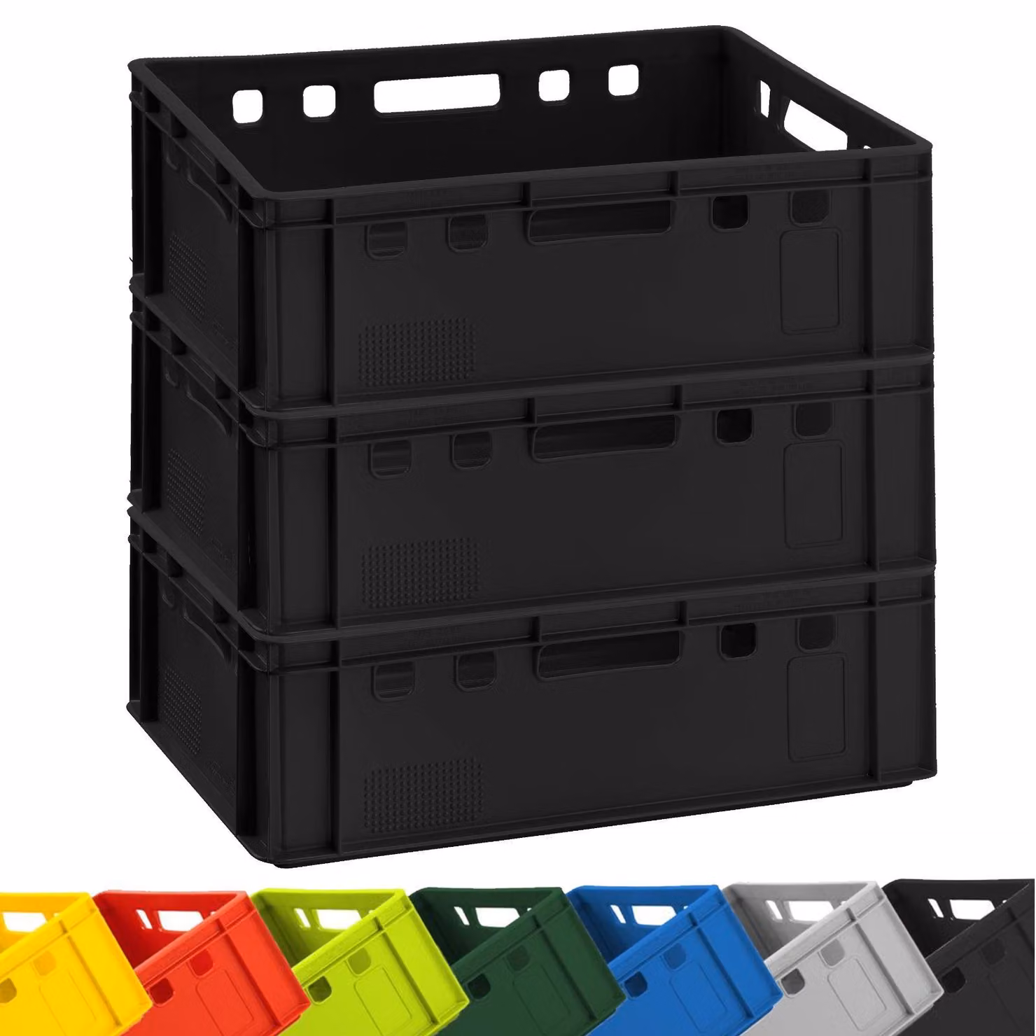 3 contenitori in plastica BURI, modello E2, colore nero, dimensioni 60x40x20 cm. Contenitori per lo stoccaggio, per carne, per macellai, tipo Eurobox, prodotti in Germania, adatti al contatto con alimenti, robusti e impilabili
