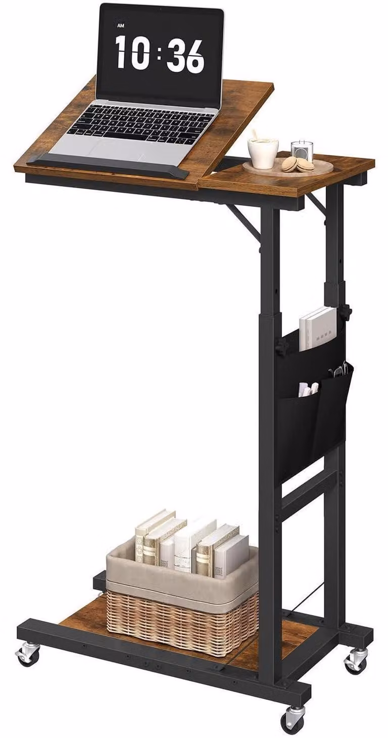 Tavolino laterale regolabile in altezza, con piano inclinabile, tavolino a forma di "C" per divano, con rotelle e tasca laterale, color marrone vintage e nero