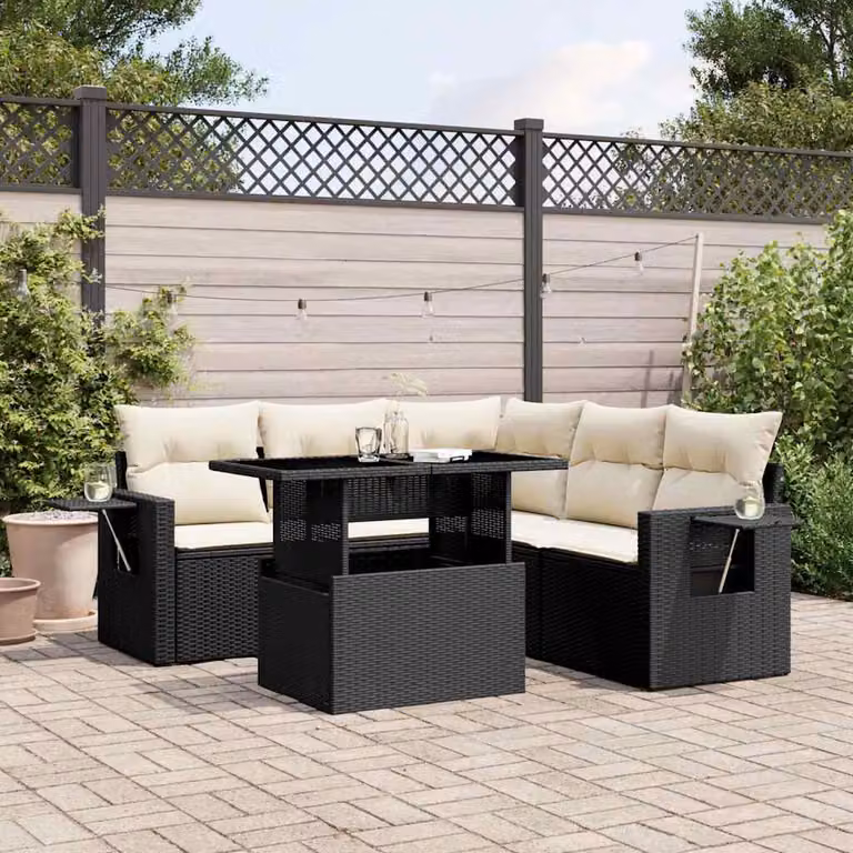 Set Divano da Giardino a L vidaXL 6 pz con Cuscini Nero e Tavolino in Vetro