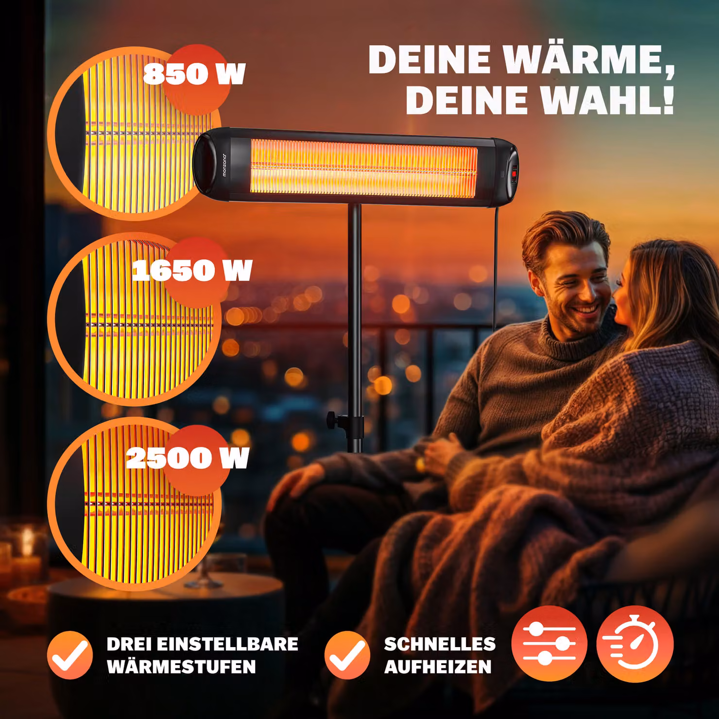 Stufa ad infrarossi Monzona da 2500W in alluminio colore nero – 2
