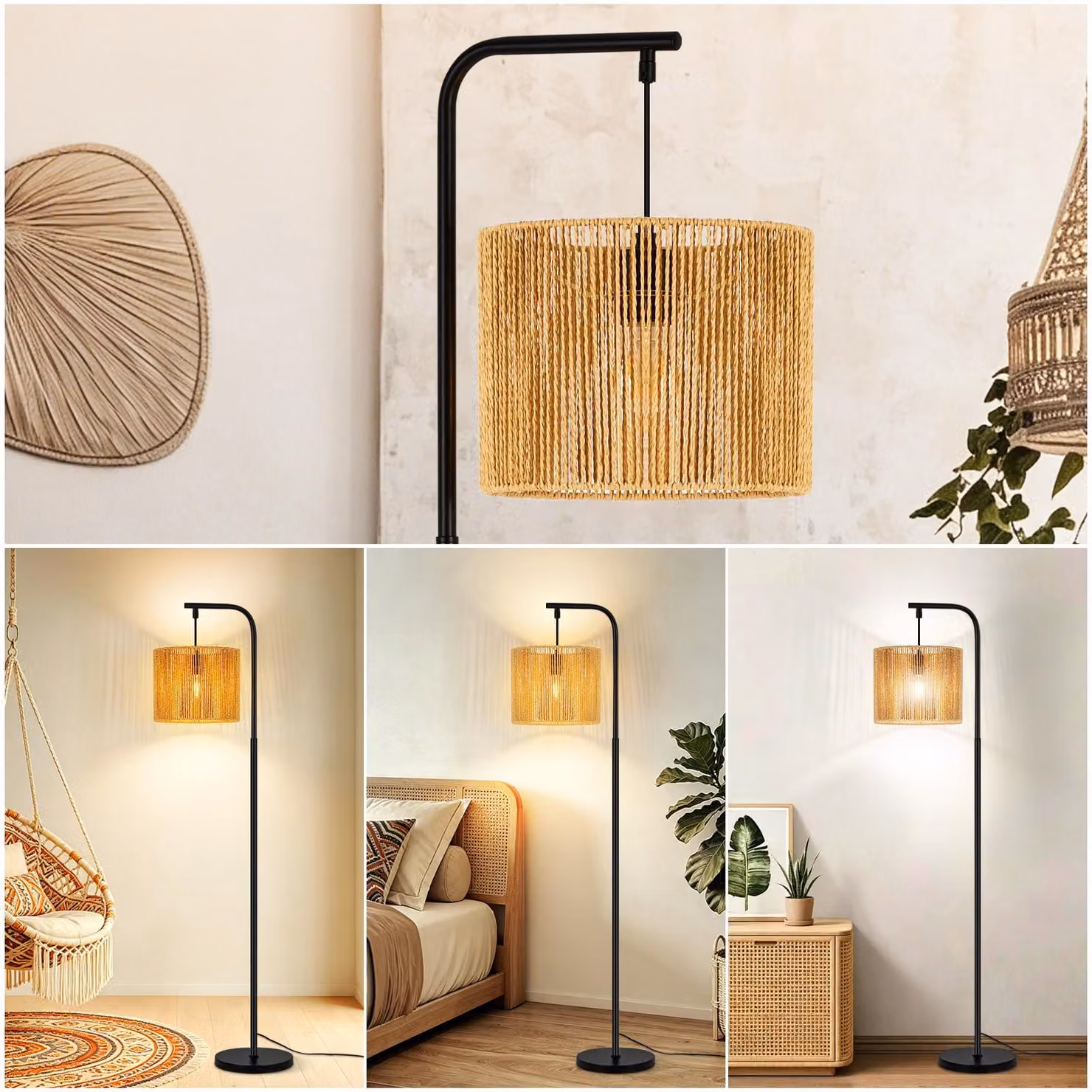ZMH Lampada da terra per soggiorno Boho Lampada da terra nera Lampada da terra con cavo Paralume Lampada da soggiorno E27 1 lampada ad arco Interruttore a pedale Per camera da letto Ufficio