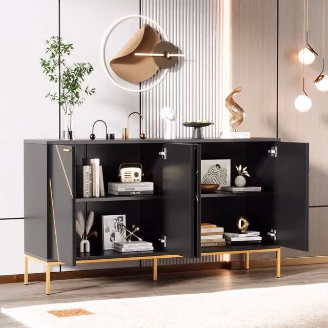 Credenza e madia moderna OKWISH con 4 ante e ripiano regolabile per soggiorno, nero e oro, L: 150 cm, P: 40 cm, H: 80 cm
