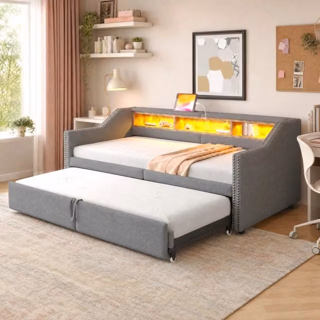 Divano letto moderno Mivray in lino grigio con struttura imbottita in metallo e MDF