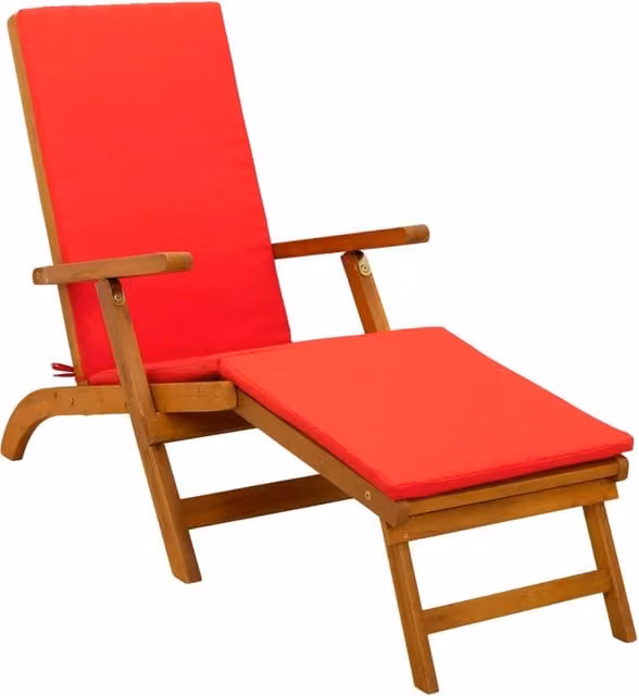 Lettino prendisole reclinabile e pieghevole in legno di acacia color marrone e rosso con poggiatesta regolabile e braccioli L/P/H: 146 x 55 x 91 cm