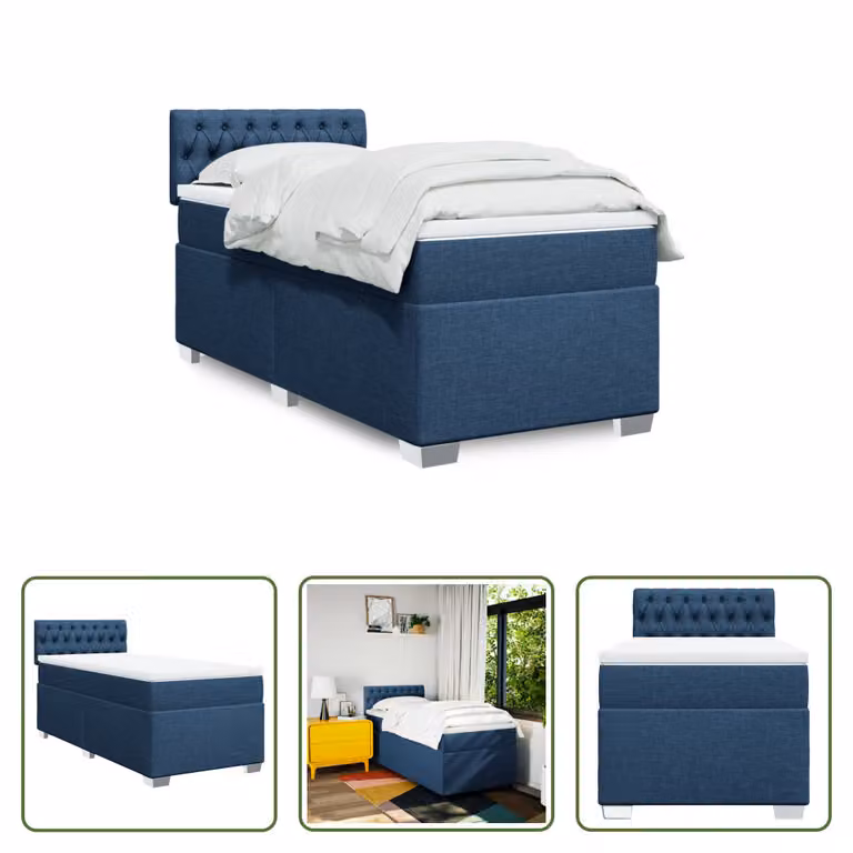 The Living Store Letto a molle con materasso blu 100x200 cm in tessuto
