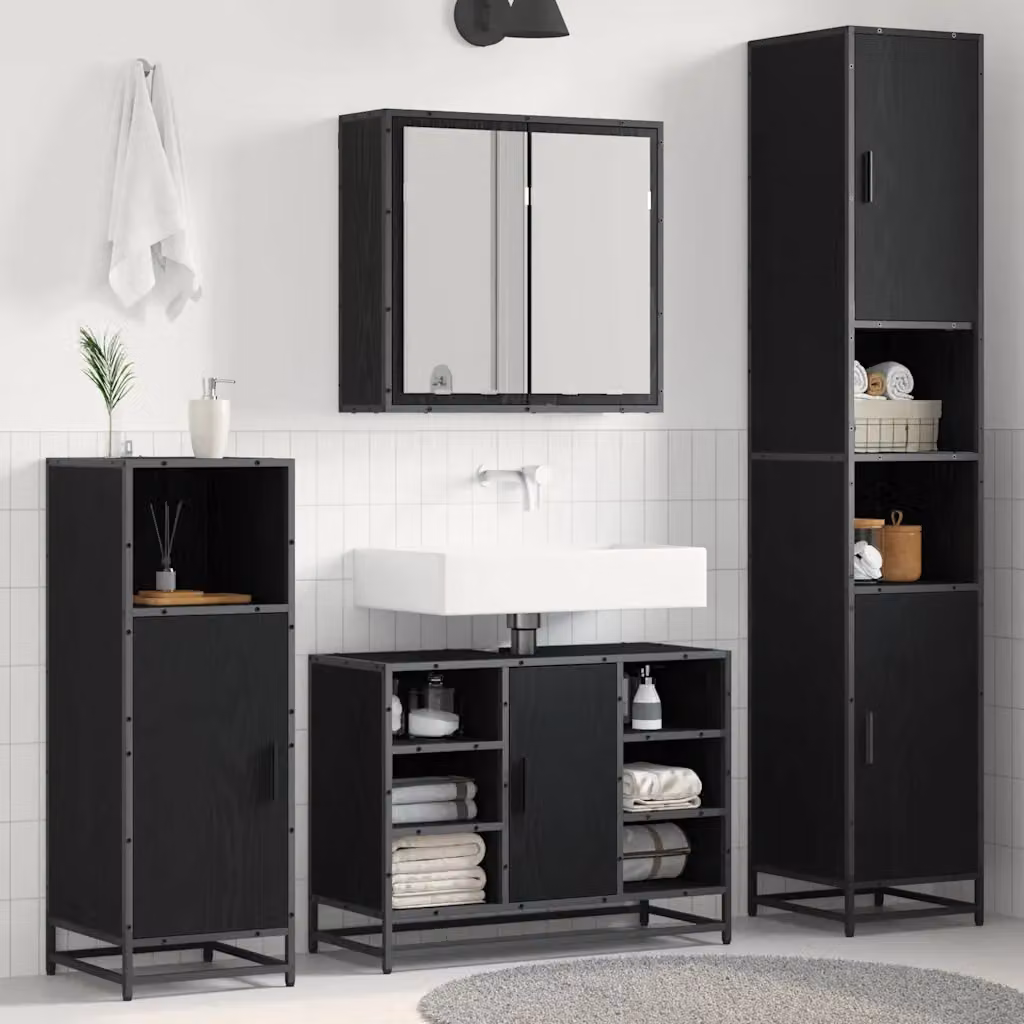 Set di mobili per il bagno moderno vidaXL composto da 4 pezzi in legno e metallo nero con illuminazione LED, include armadietto con specchio, mobile lavabo, mobile laterale e colonna alta, L/P/H: 188.5 x 80.0 x 33.0 cm – 1