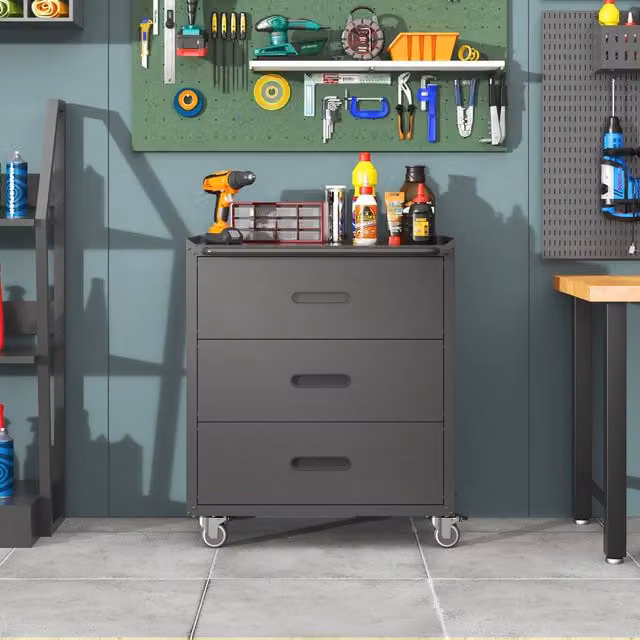 Carrello armadio portautensili WISHDOR in metallo con 3 cassetti e piano di lavoro, L: 75 cm, P: 42 cm, H: 88 cm, nero/grigio