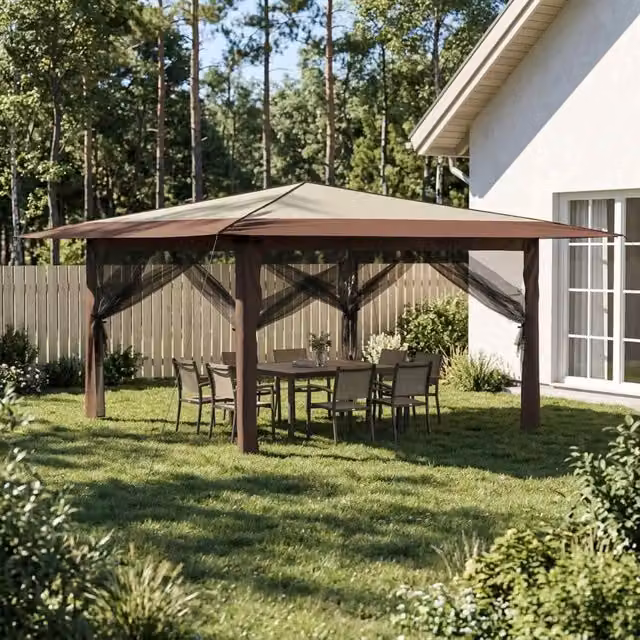 Gazebo con 4 Pareti Laterali 4 x 4 m Crema e Marrone 42036820