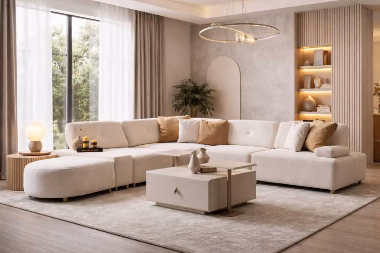 Divano ad angolo, stile moderno, colore beige, comodo, spazioso, nuovo, morbido, soggiorno