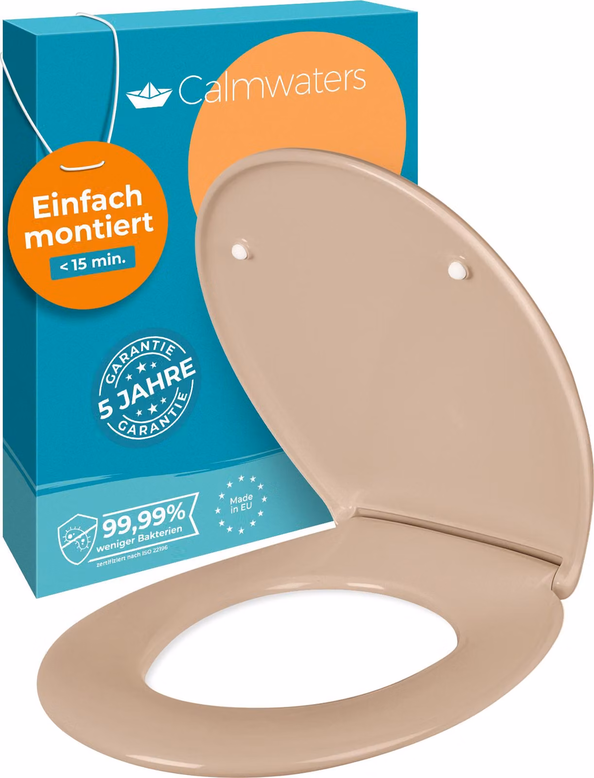 Sedile per WC Calmwaters® Premium di facile installazione, coperchio per WC fino a 250 kg, EU, duroplastica antibatterica, meccanismo di chiusura morbida, 2 opzioni di installazione, rimovibile, sedile per WC, ovale, beige-bahama beige
