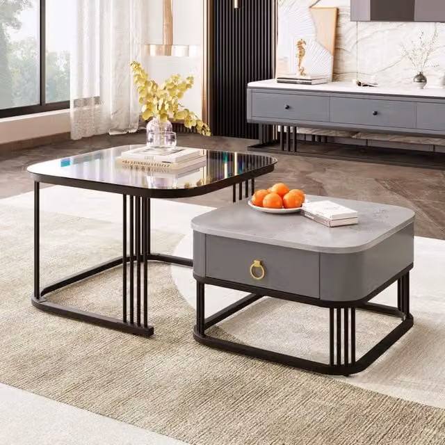 Tavolini da salotto modulari impilabili con 2 cassetti, piano in vetro, effetto marmo e struttura metallica nera