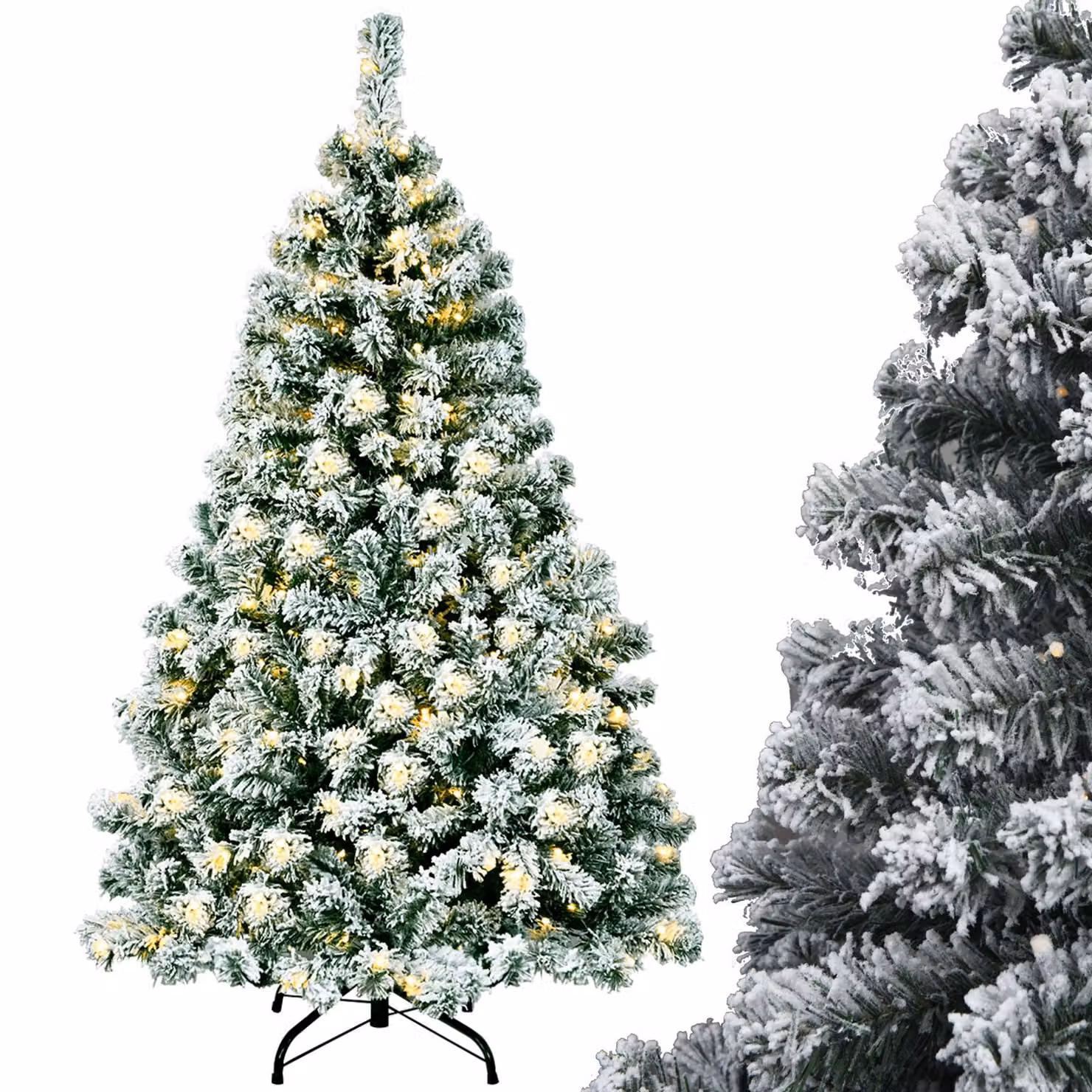 COSTWAY Albero di Natale artificiale 135 cm, albero di Natale 400 aghi in PVC con neve, 200 LED bianchi caldi e supporto in metallo, albero di Natale artificiale
