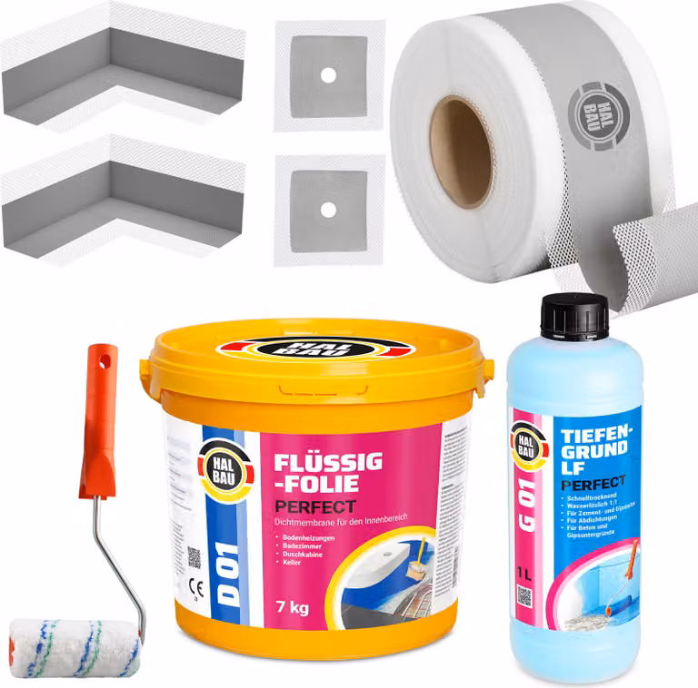 Kit di sigillatura: membrana liquida da 7 kg, nastro sigillante, angolari sigillanti, fondo sigillante, rullo per verniciatura da 10 cm, modello H14