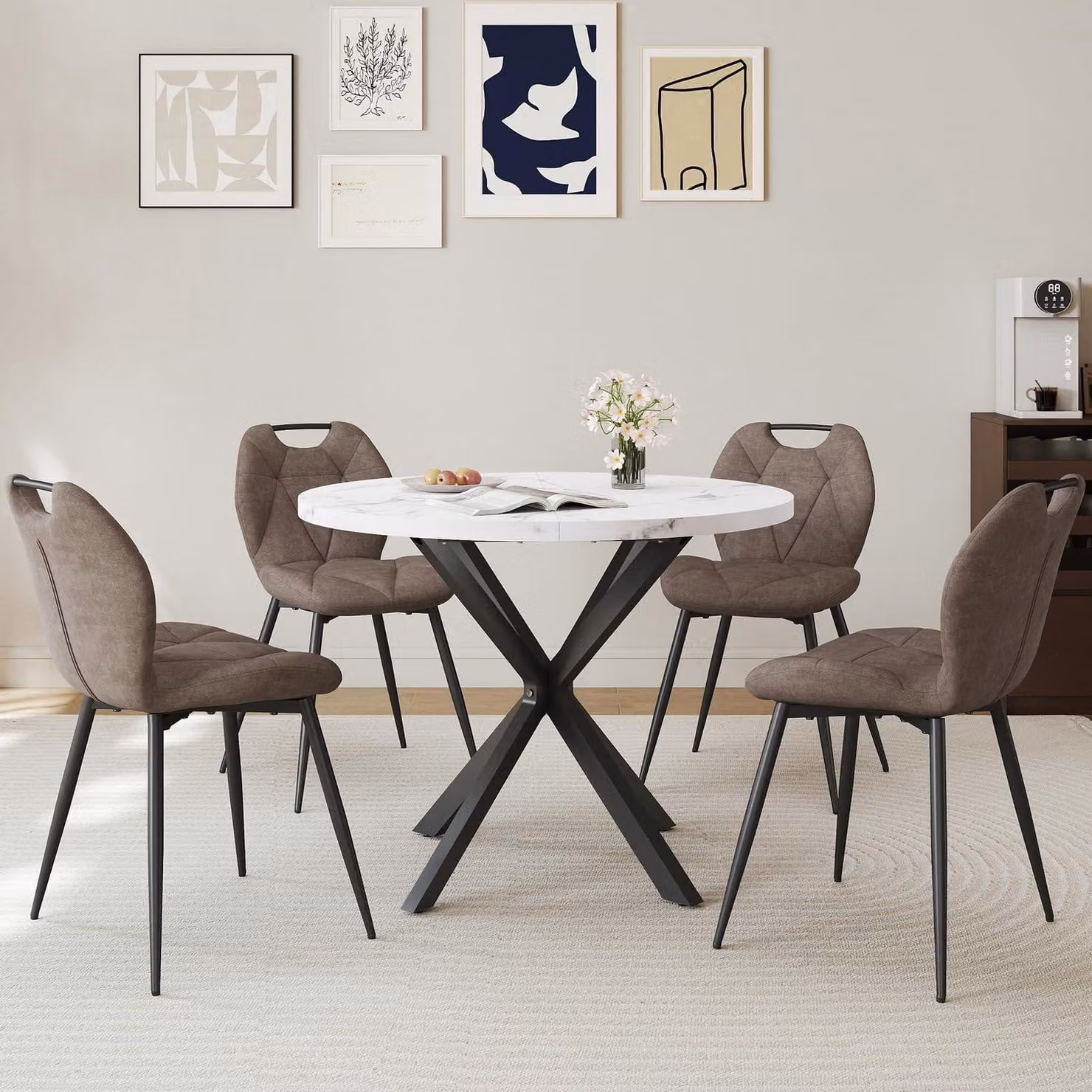 Gruppo tavolo da pranzo rotondo, diametro 100 cm, con 4 sedie imbottite, stile nordico, motivo marmorizzato, colore marrone