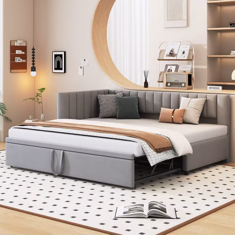 Flieks letto imbottito divano letto 90x200cm con letto estraibile, letto in legno letto per giovani letto per bambini divano letto con rete a doghe, letto da giorno letto funzionale velluto, grigio
