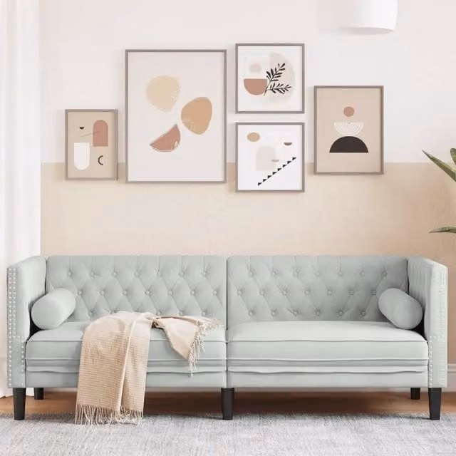 Divano Chesterfield con Rinforzi 3 Posti-Sofa 3 Posti-Divanetto Grigio Chiaro Velluto