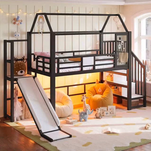 Letto a soppalco per bambini 90x200 cm a casetta con scivolo e LED Bluetooth nero HAVRYA