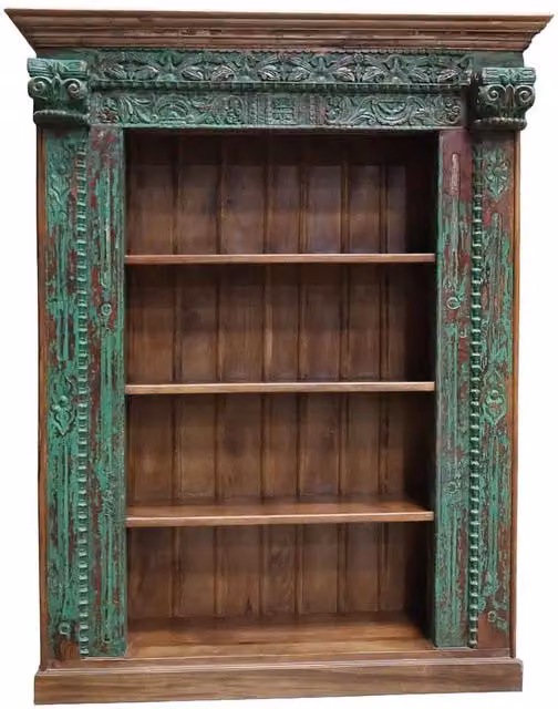 Libreria in legno WANDERLUST DECO verde con decorazioni floreali L: 166 cm, P: 53 cm, H: 213 cm – 1