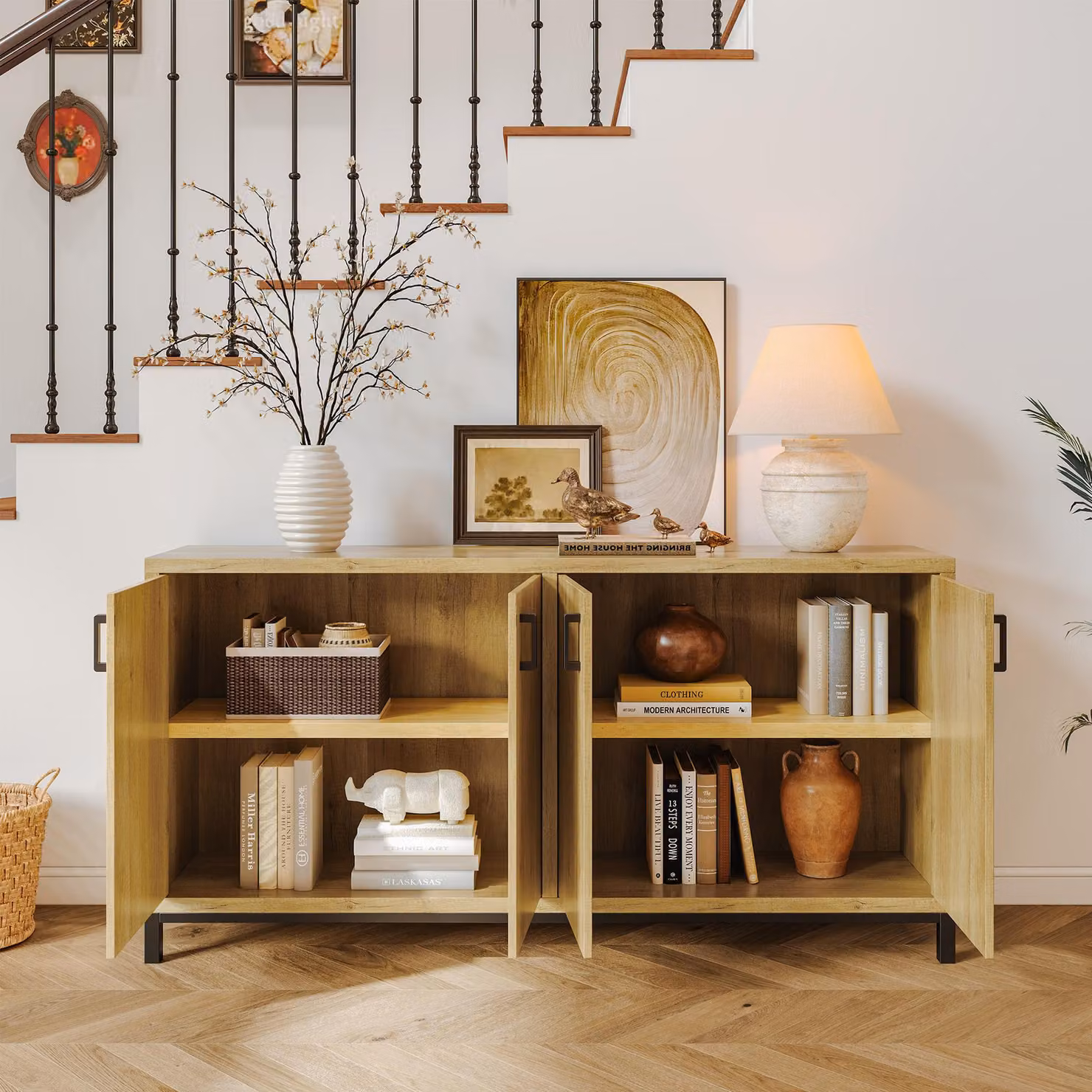 Credenza vintage ProximaX in stile rustico con 4 ante e ampio spazio contenitivo per la cucina o la sala da pranzo, effetto legno massello, naturale