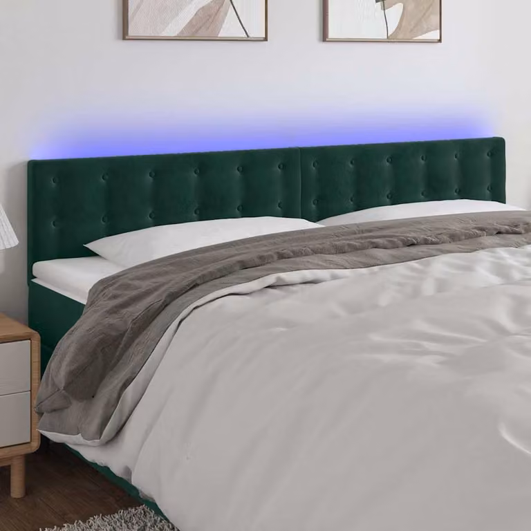Testiera per letto vidaXL in velluto verde scuro con illuminazione LED e porta di ricarica USB, L: 160 cm, P: 5 cm, H: 78-88 cm
