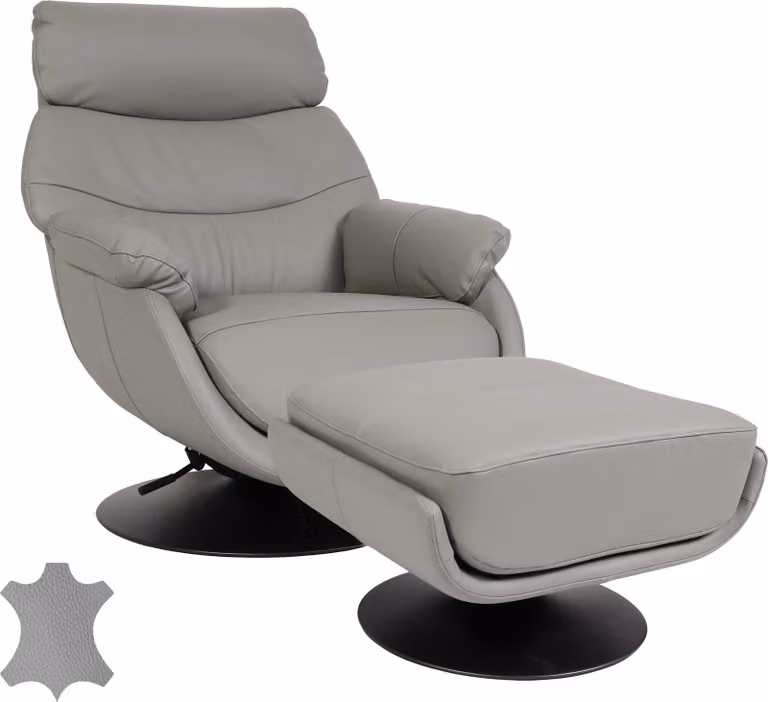 Poltrona relax con poggiapiedi MCW-K99, poltrona da TV, funzione oscillante e girevole, struttura in metallo, rivestimento in vera pelle/ecopelle ~ grigio