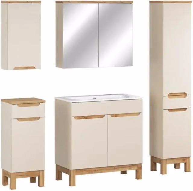 Set mobile bagno Ermano MEUBLORAMA beige con lavabo incassato, mobili sospesi e specchio con illuminazione LED, L: 150 cm