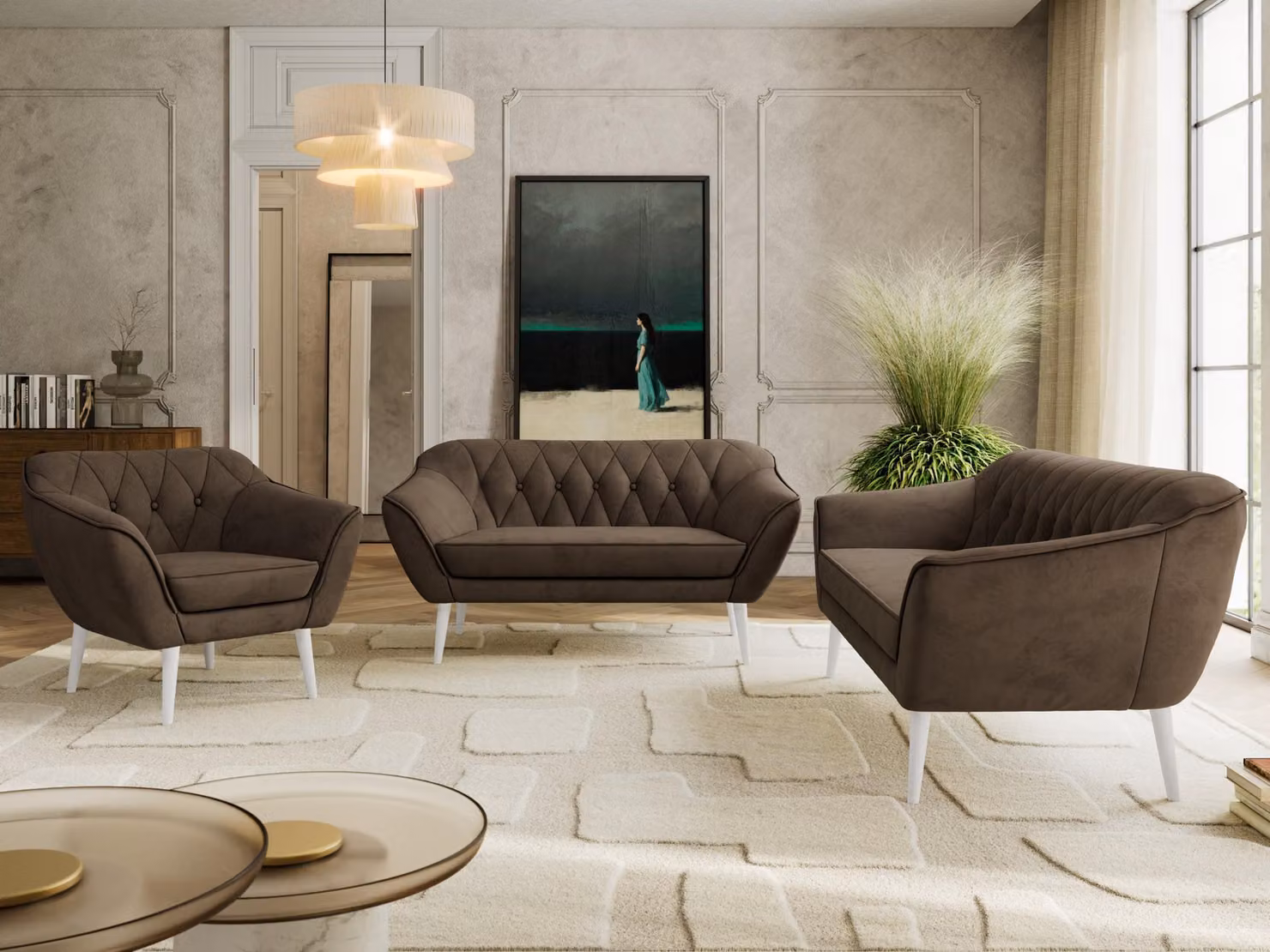 Divano componibile MKS MEBLE PIRS 1-2-3, set completo in stile scandinavo, con sospensioni a molle, gambe bianche, gruppo sedute, set di mobili, set con braccioli - Velluto marrone