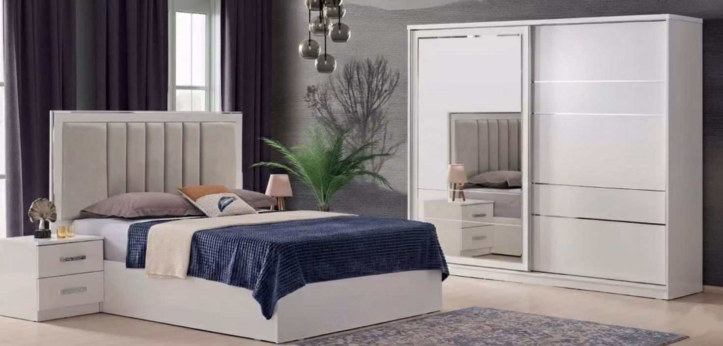 Set completo per camera da letto: letto imbottito, due comodini, armadio, 4 pezzi